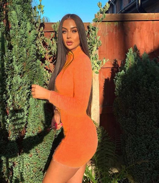 

hairy bodycon dress women autumn 2020 fashion dresses party long sleeve clubwear furry solid basic mini dress slim9113548, Black;gray