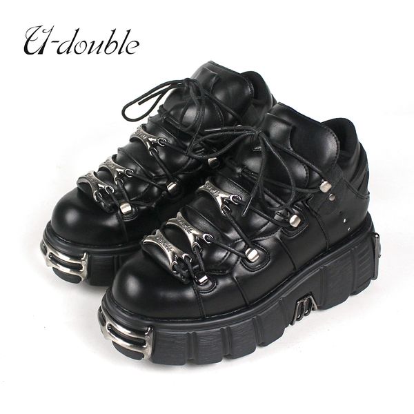 

boots u-double brand punk style women shoes lace-up heel height 6cm platform shoes woman gothic ankle boots metal decor woman sneakers 23083, Black