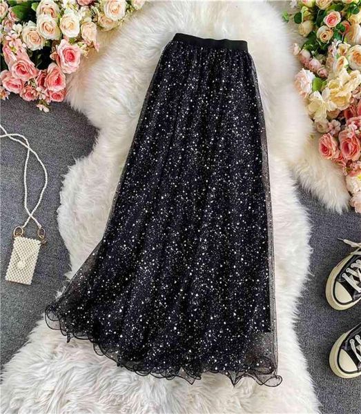 

autumn winter temperament sequined skirt with sweater fantasy starry sky long high waist mesh a-line uk93 210069420495, Black