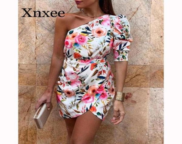 

summer white oneshoulder floral printed slim bodycon fashion irregular summer women039s beach boho style harajuku mini dr75368607418, Black;gray