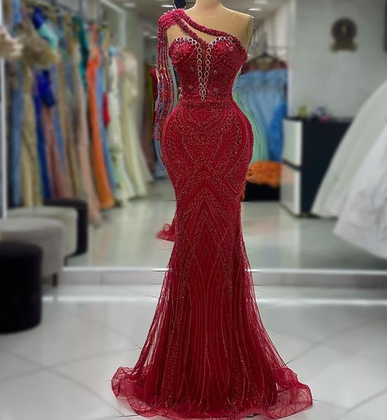 

2023 aso ebi arabic mermaid dark red prom dress pearls sequined lace evening formal party second reception birthday engagement gowns dresses, Black