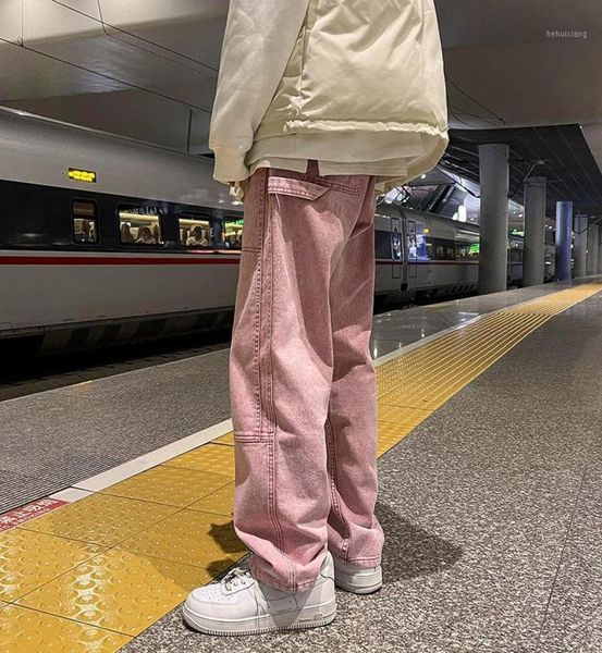 

men039s jeans men fashion loose straight pants man casual baggy denim trousers pinkblackblue8308140, Blue