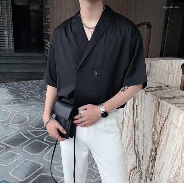 

men039s casual shirts summer suit collar short sleeve button up shirt for men loose thin korean fashion solid color drape tshir9928359, White;black