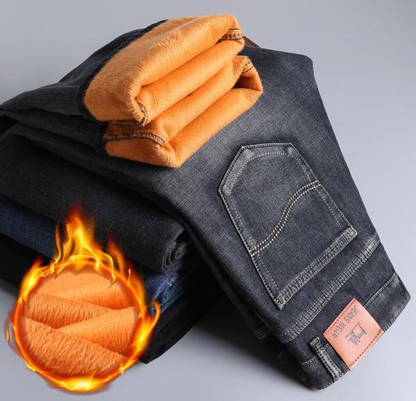 

men039s jeans winter men grayblue slim fit stretch thick velvet warm casual fleece trousers male plus size straight denim pant4632394, Blue