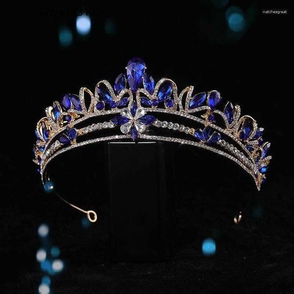

hair clips luxury rhinestone bridal wedding crown layered blue gem bride tiaras baroque headdress jewelry accessories hq0808-4, Golden;silver
