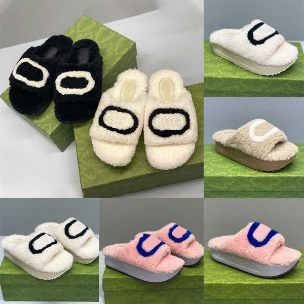 

designer womens slippers ladies winter wool slides fur fluffy furry warm letters sandals comfortable fuzzy girl flip flop slipper eu35-45 no, Black