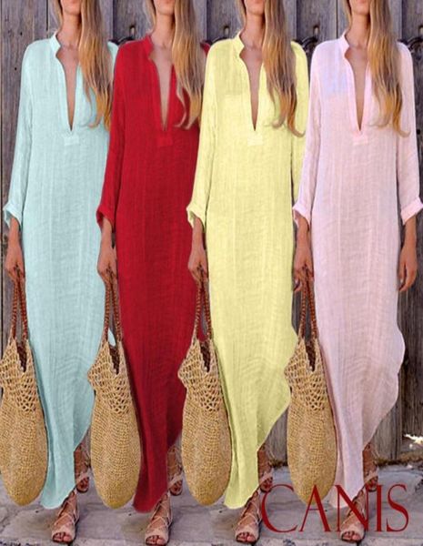 

linen fashion womens boho long maxi dress lady party evening summer beach sundress women v neck long dress2034215, Black;gray