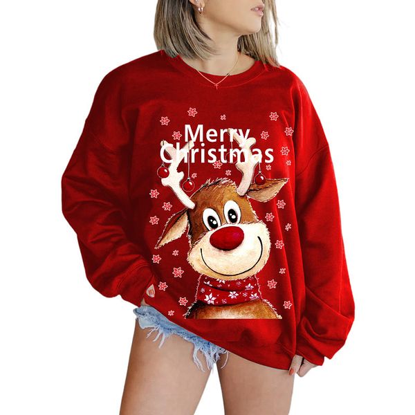 

2023 selling women's autumn and winter cute sika deer 3d printing christmas round neck sweater long sleeves, Black