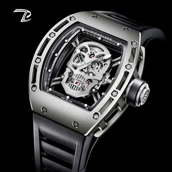 

mechanical watches richads mille skull head richad watch mens same aggressive waterproof hollow out large dial fully automatic bucket shaped, Slivery;golden