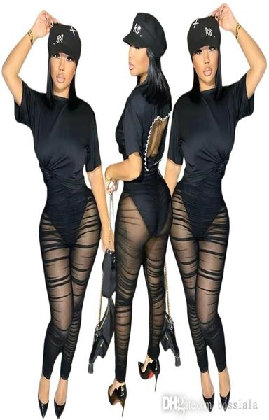

2022 new women two piece pants set backless mesh stitching short sleeve and trousers ladies suit9044345, White