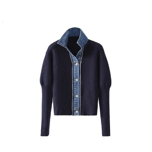

women s jackets korean fashion sweater jacket spring autumn denim patchwork knitted cardigan turn down collar single breasted vingtage knit, Black;brown