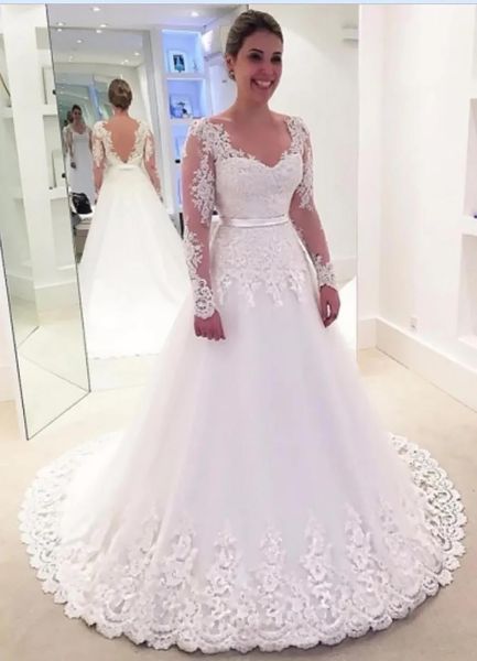 

wedding dresses white bridal gowns a line formal sweep train tulle applique ivory new custom plus size lace up sweetheart long sleeve sashes