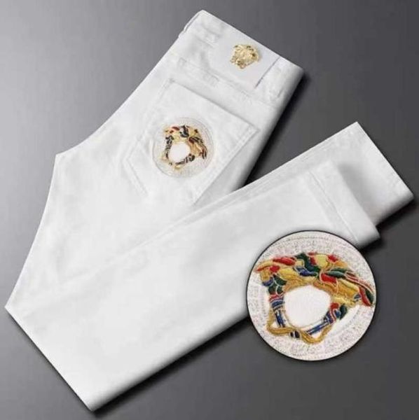 

autumn winter mens designer jean pants thickened embroidery white denim trousers elastic slim feet trendy britches3321594, Blue