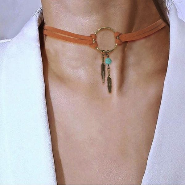 

charms vintage gothic punk leather choker necklace for women man boho bronze leaf pendant geometric hippie rosary ring jewelry access 230830, Bronze;silver
