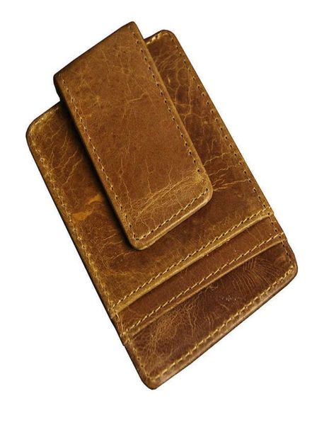 

men money clips vintage genuine leather front pocket clamp for money holder magnet magic money clip wallet with card id case4710201, Black