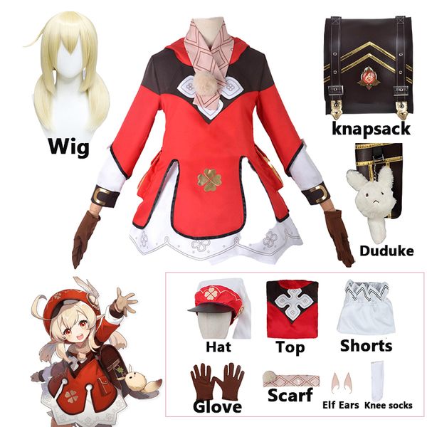 

theme costume game klee cosplay costume game genshin impact woman halloween carnival red dress loli hat ears wig knapsack full set props 230, Black;red