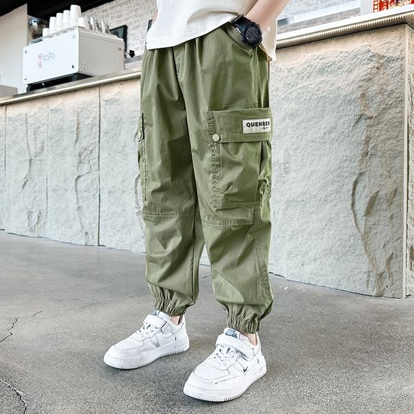 

trousers streetwear loose harem pants boys 2023 summer wide leg big pocket cargo elastic waist casual clothes 230830, Blue