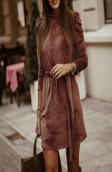 

long puff sleeve velvet women mini dress autumn winter turtleneck bandage female dresses streetwear casual solid lady vestidos1909919, Black;gray
