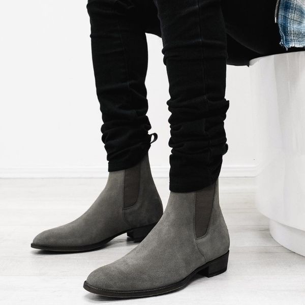 

boots gray chelsea boots for men flock business men ankle boots cowboy boots handmade men boots size 38-46 230830, Black