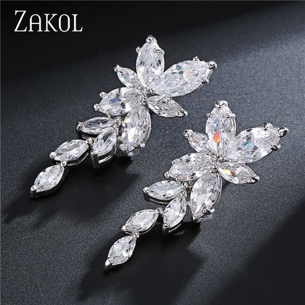 

hoop huggie zakol fashion leaf zircon wedding earrings for women white gold color marquise crystal bridal earring party jewelry gift 230829, Golden;silver