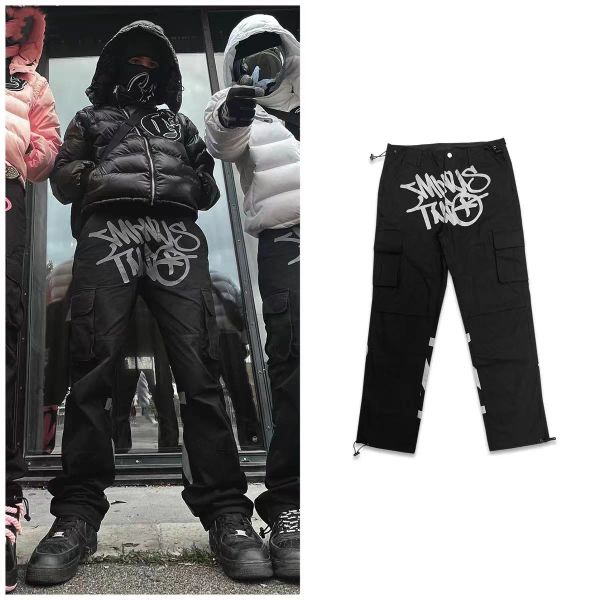 

men's cargo pants hip hop harajuku minustwocargos casual baggy punk rock straight wide-leg pants street wear y2k pants retro street tre, Black
