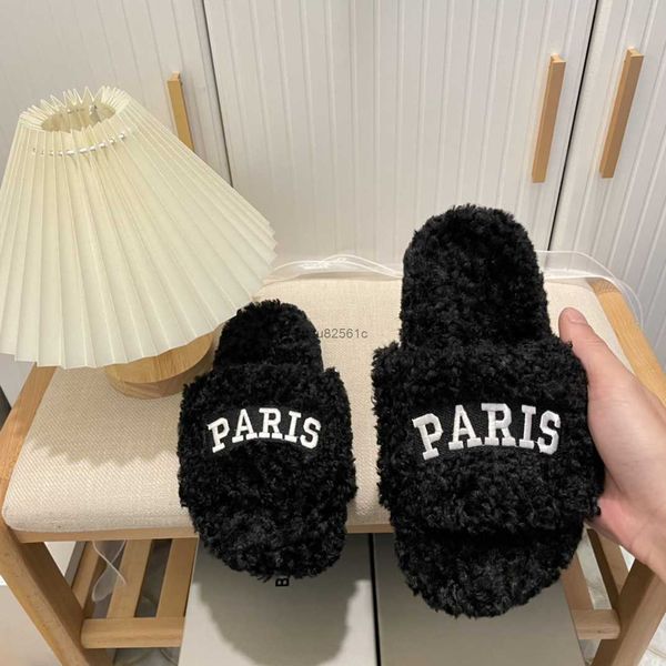 

designer women men wool slippers paris furry slide sandal open back plush warm slipper recycled faux fur luxurys winter sherpa fleece slides, Black