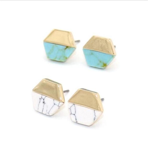 

fashion natural turquoise stone stud earrings green white hexagon earring for women jewelry gift 865815, Golden;silver