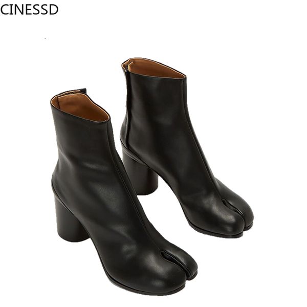 

boots women split toe ninja tabi ankle leather boots luxury brand design mm6 round heels woman shoes lady .5cm 3.5cm heel boot 230830, Black