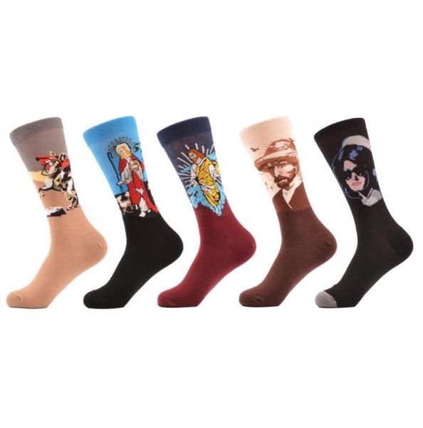 

5 pairslot men039s casual combed cotton socks napoleon jesus oil painting crew socks colorful funny winter happy socks70510746733828, Black