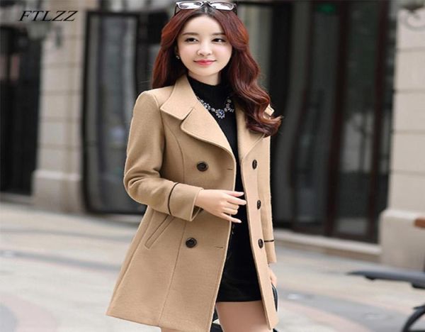 

ftlzz women wool blend warm long coat autumn winter plus size female slim fit lapel woolen overcoat cashmere outerwear5975395, Black