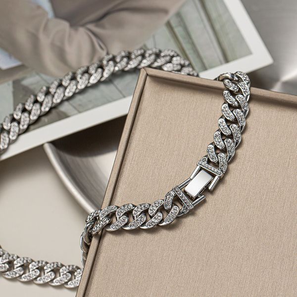 

korean version niche design trend hip-hop titanium steel necklace ins fashion double row full diamond punk cuban necklace for men and women, Golden;silver