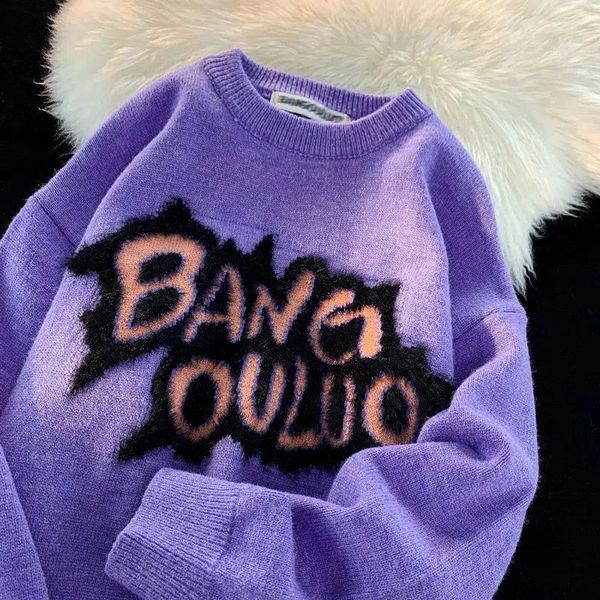 

men's sweaters purple embroidered letter sweater couple autumn and winter loose thick knitted sweater street fashion gothic brand y2k c, White;black