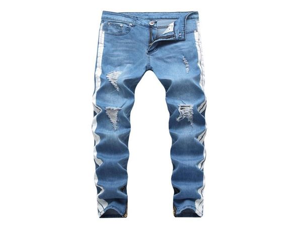 

mens jeans knee hole washed blue ripped distressed motorcycle pants design elastic washed retro high street fashion denim pants7106695