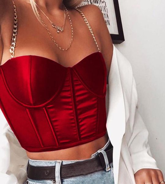 

womens metal chain satin camisole crop spaghetti strap lowcut backless tank ladies sling tight zipper party short ve8629638, White