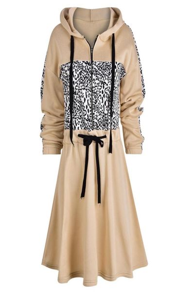 

casual women autumn hoodie dress leopard patchwork aline hooded winter dress stylish female zipper loose dresses robe d25 2009225965148, Black