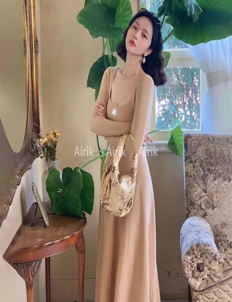 

jiuwu french style retro style square neck longsleeved knitted dress with waistband and thin vneck aline knitted dress for wome9354237, Black;pink