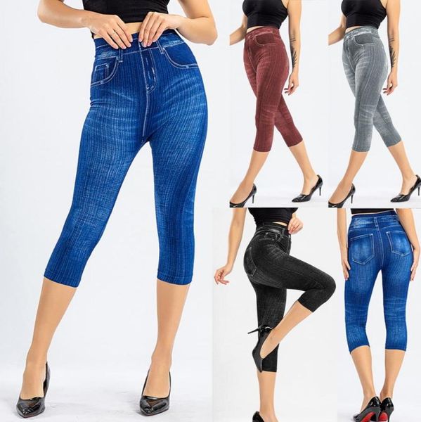 

women039s jeans denim print leggings slim faux jeans stretch printed short pants summer breeches fashion6646917, Blue
