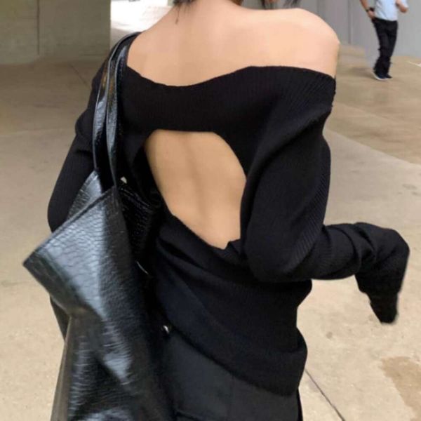

straight shouldered languid sweater for women autumn design niche backless black slimming style, White;black