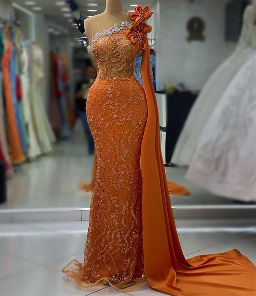 

2023 aso ebi arabic orange mermaid prom dress crystals pearls evening formal party second reception birthday engagement gowns dresses robe d, Black