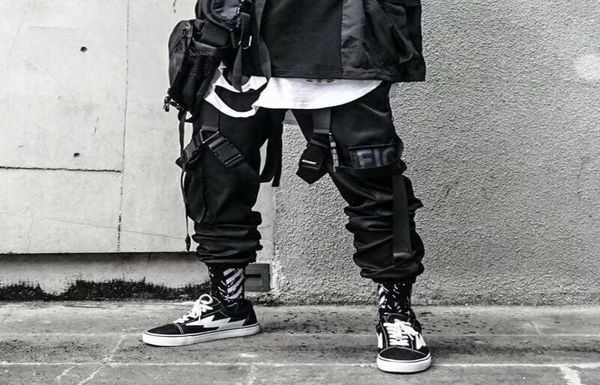 

men039s pants men cargo joggers hip hop techwear streetwear casual gothic trousers male summer black sweatpants ribbons9934857