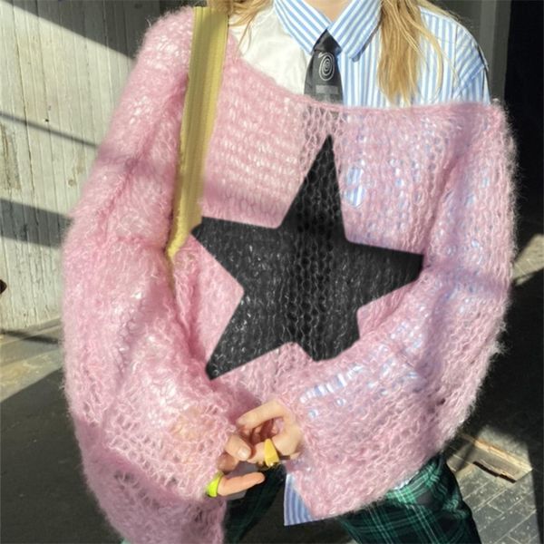 

women s hoodies sweatshirts oversized hollow out knit sweater grunge harajuku streetwear loose long sleeve round neck pullover casual jumpe, Black