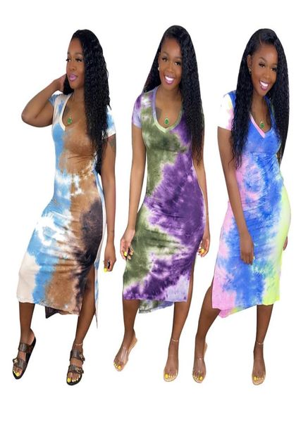 

womens tiedye vneck shortsleeved slit dress0123456789768041, White;black