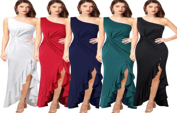 

women039s solid color slim maxi dress summer one shoulder sleeveless split ruffle bodycon celebrity cocktail party night dresse9714480, White;black
