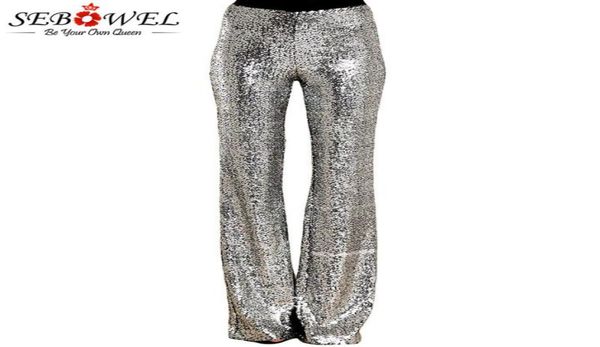 

sebowel long wide leg sequins pants woman glitter silver black high waist trousers for female party dance flared legs pants 2019 y6894762, Black;white