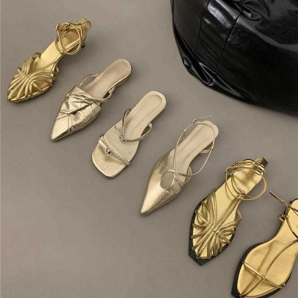 

summer new women sandal fashion gold narrow band ladies dress slides flat heel outdoor dress sandal slipper shoes 230807, Black