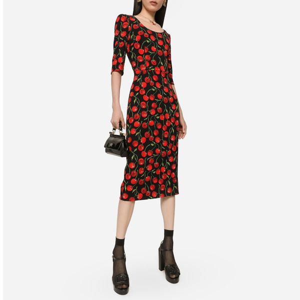

womens dress european fashion brand half sleeve gathered waist black cherry printed silk dress, White;black