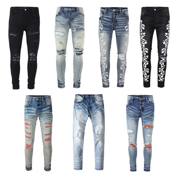 

mens denim jeans trend brand casual printed trousers thin for men women in europe and america fashion slim pants teenagers3175773, Blue