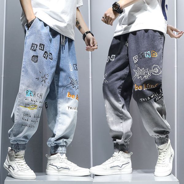 

men's jeans graffiti printing jeans men's gradient hip hop trousers harem cartoon loose casual ankle banded pants cargo denim jean, Blue