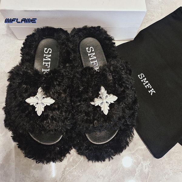 

slippers smfk plush cros comfortable flat bottom home one word drag national sandals woman summer 230830, Black