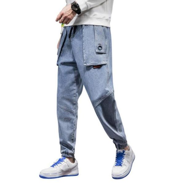 

plus size mens jeans casual cotton denim pants trousers multi pocket cargo jeans mens new fashion boyfriend denim harem pants9459222, Blue